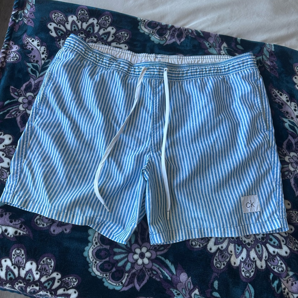 2-Pack | Calvin Klein Blue Striped Men's Swim Shorts + Amazon Red Swim Shorts